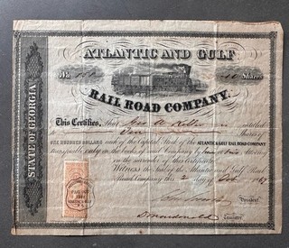 Rare 1867 Atlantic and Gulf Rail Road Company Stock Certificate
