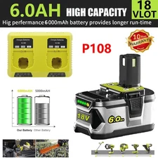 P108 For Ryobi 18V 6.0Ah ONE Plus Battery/Charger LITHIUM-ION High Capacity P106