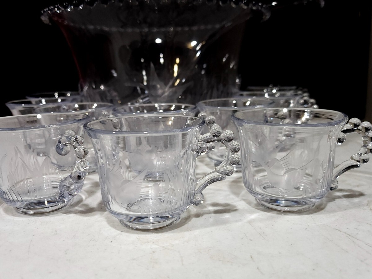 Imperial Candlewick Glass Mallard Duck Etched Punch Bowl 12 Cups