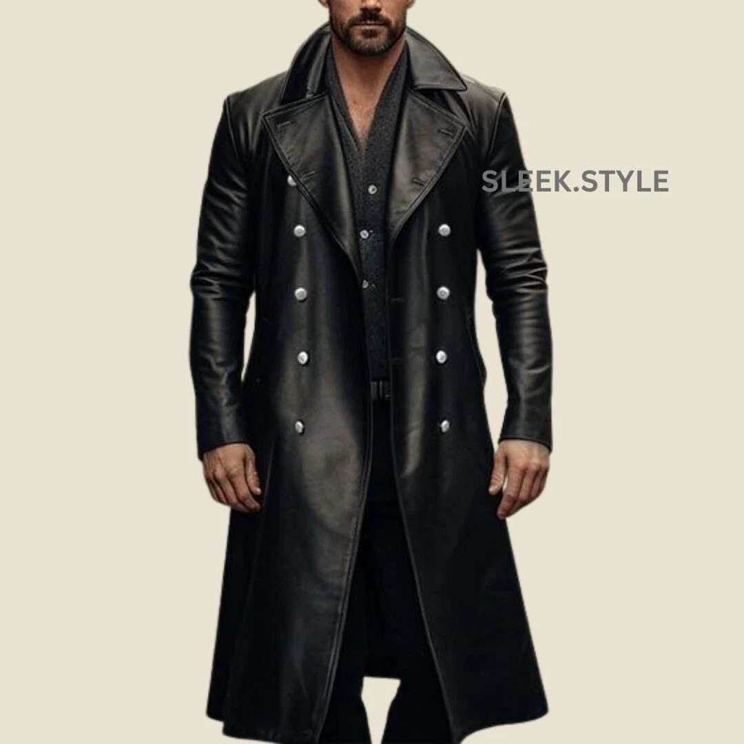 Mens Leather Trench Coat Lambskin Genuine Black Front Button Stylish Handmade