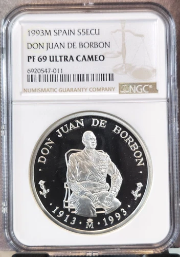 1993 SPAIN SILVER 5 ECU DON JUAN DE BORBON NGC PF 69 ULTRA CAMEO RARE TOP POP 1