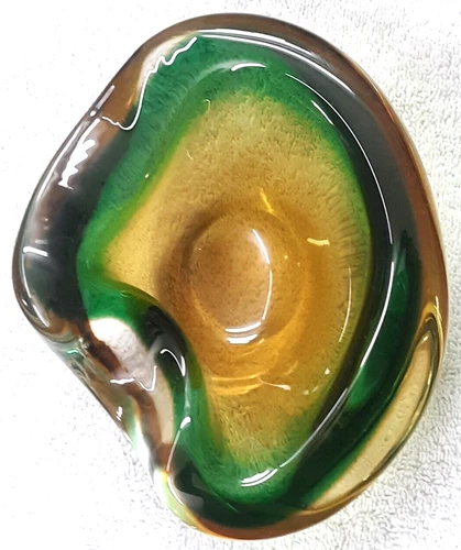 Vintage Murano Italian Sommerso Art Glass Amoeba Ashtray Bowl Green and Yellow