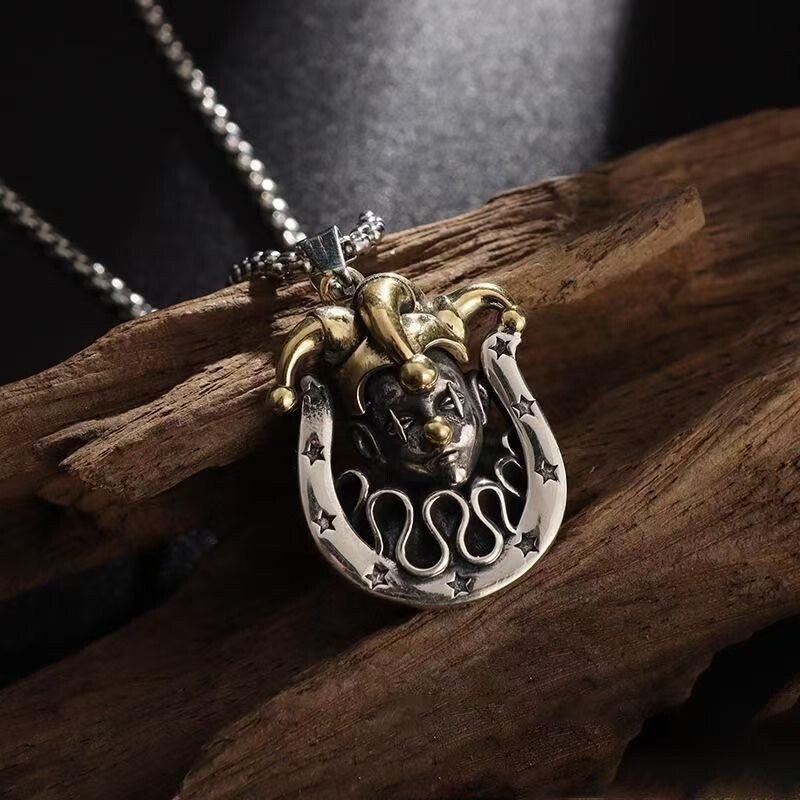 Vintage Copper Silver Clown Horseshoe Pendant Men's and Women's Necklace