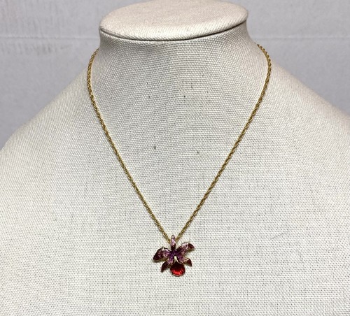 Pretty Enamel Pendant. Orchid Flower PURPLE and PINK Enamel Necklace - Picture 3 of 4