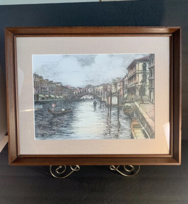 Vintage Original Watercolor Painting~Venice Italy~Rialto Bridge~Gondolas~Signed