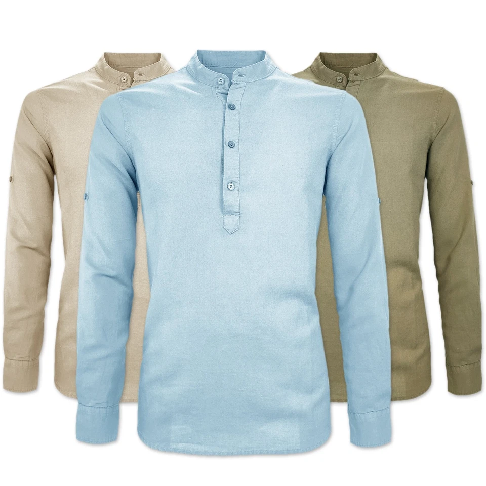 Camicia Uomo Di Lino Casual Slim Fit Manica Lunga Collo Serafino 3 Bottoni VEQUE - Immagine 4 di 4