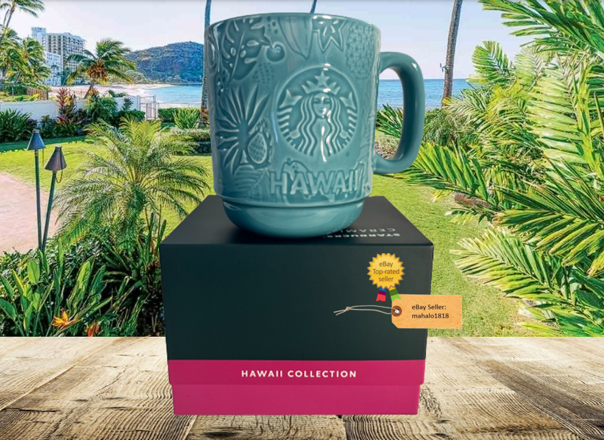 Hawaii Starbucks 12oz Blue Ceramic Mug with Debossed Design