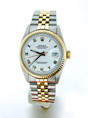 Rolex Datejust Mens 18K Yellow Gold & Steel Watch White Roman Dial