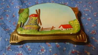 Vintage Chalk Plaque Windmill Scene 5 3/16'' Wide x 3 3/4 Inch High