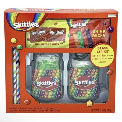 Frankford Skittles Gift Set w/ 2 Glass Jars, 2 Straws, 2 Candy, 4 Drink Mix New