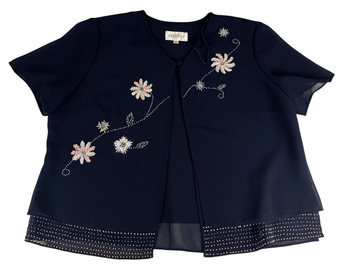 Studio I Floral Beaded Cardigan Bolero Jacket Women's 16 Navy Blue Short  Sleeve