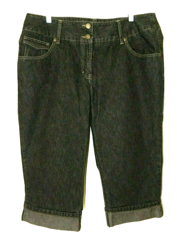 Jeanology Wide Waistband Cuffed Capri/Crop Jeans-18, lite black wash