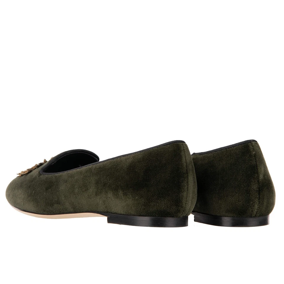 DOLCE & GABBANA Velvet Ballet Flats AUDREY Sacred Heart Embroidery Green 10021 - Image 4 of 4