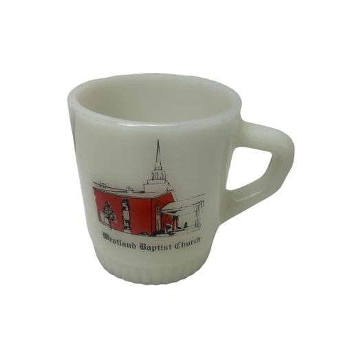 Vintage Fire King Stacking Milk Glass Mug Cup Westland Baptist Church White