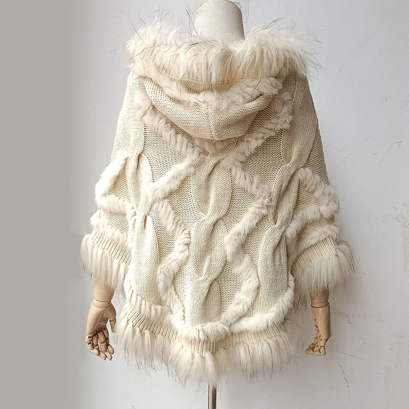 Women's Loose Knitted Cloak Hooded Fluffy Knitted Shawl Jackets Coats Rabbit Fur