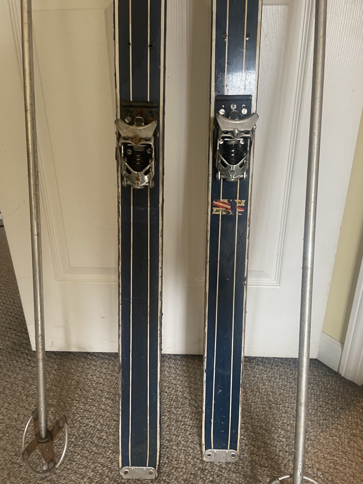 Vintage Blue Wood FIS Snow Skis, Made In Austria, With Poles, Lodge