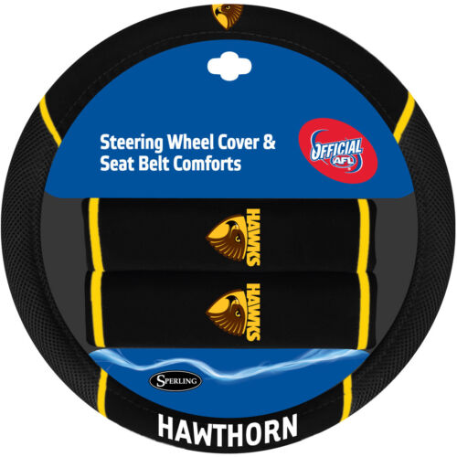 AFL Steering Wheel Cover - Seat Belt Covers - Hawthorn Hawks - Universal Fit - Photo 1/1