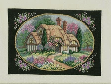 Finished Completed Cross Stitch ENCHANTED COTTAGE with thatched roof Unframed