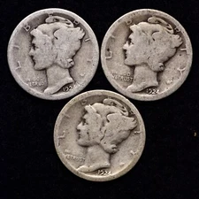 1924 P D S (3 PIECE LOT) Mercury Silver Dime AG / ABOUT GOOD FREE SHIPPING 