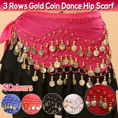 1X 3Rows Belly Dance Dancing Hip Scarf Belt Chain Skirt Golden Tone 98