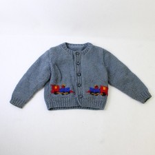 Vintage Handmade Knit Blue Train Cardigan Boys' 2T FLAWED