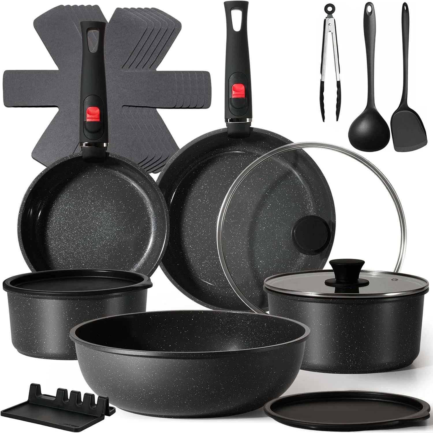 21Pcs Non-Stick Ceramic Cookware Set with Detachable Handles, Induction Safe