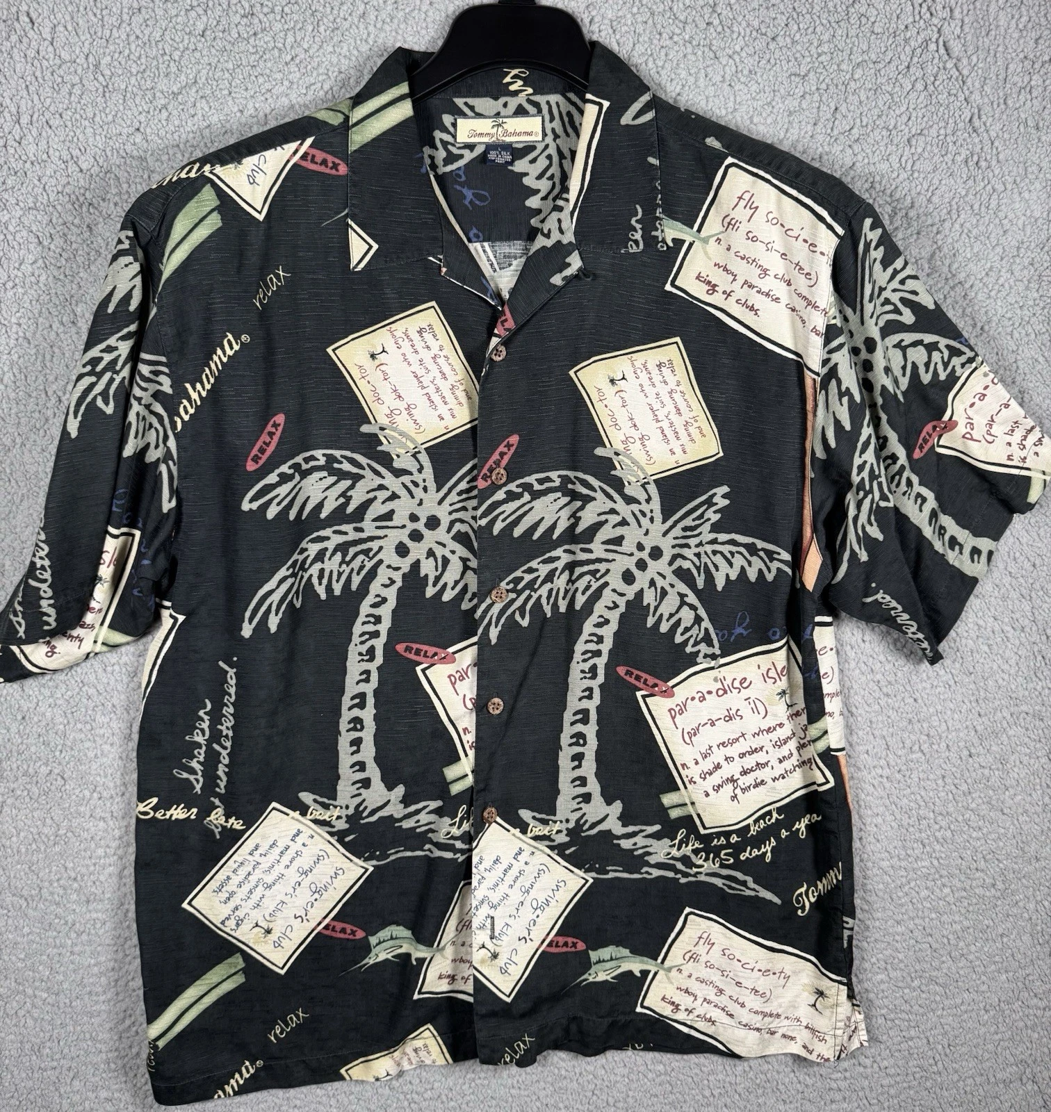 Tommy Bahama Hawaiian Shirt Mens Large 100% Silk All Over Print Embroidered