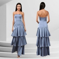 NWT Lulus XS slate blue satin strapless tiered maxi dress    $99 Retail