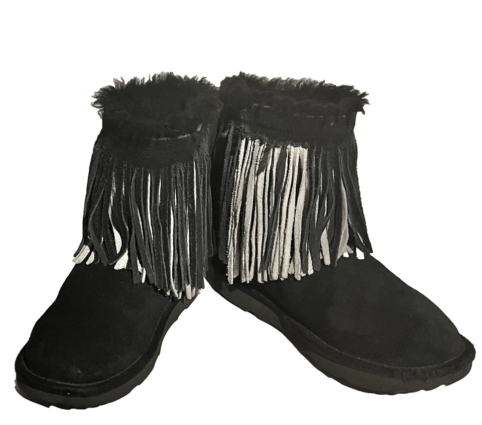 UGG Classic Short II 1019695k Black Suede Fringe Fur Lined Ankle Boots Kids US 3 - Image 4 of 4