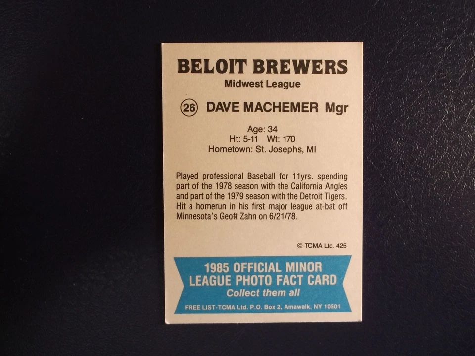 1985 TCMA  Baseball Beloit Brewers Dave Machemer Card # 26 - Image 2 of 2
