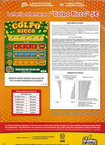 LOCANDINA GRATTA E VINCI COLPO RICCO EURO 5,00 LOTTERIA INSTANTANEA (60)