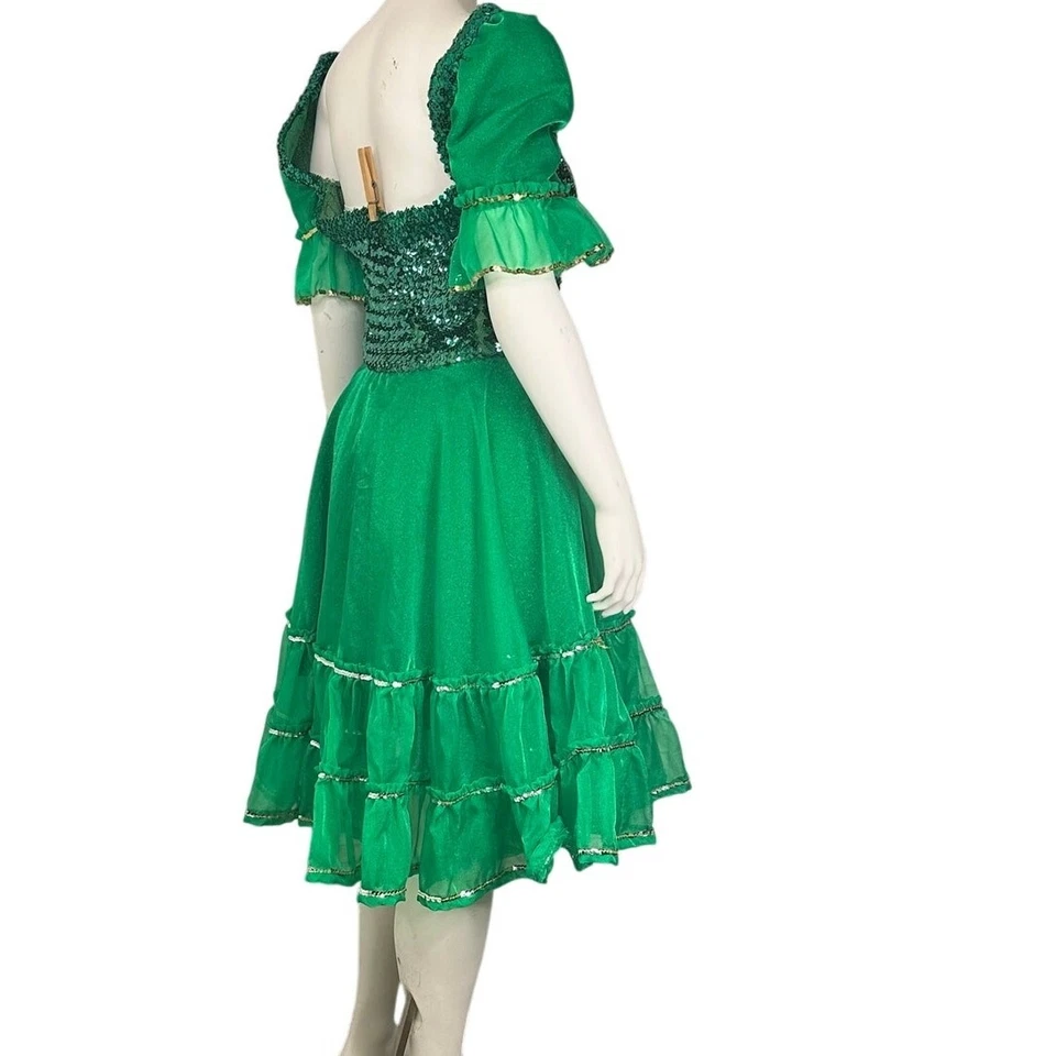 Handmade Green Sequin Dance Costume Dress Adult Small Sparkle Ruffle Fairy - Image 2 of 4