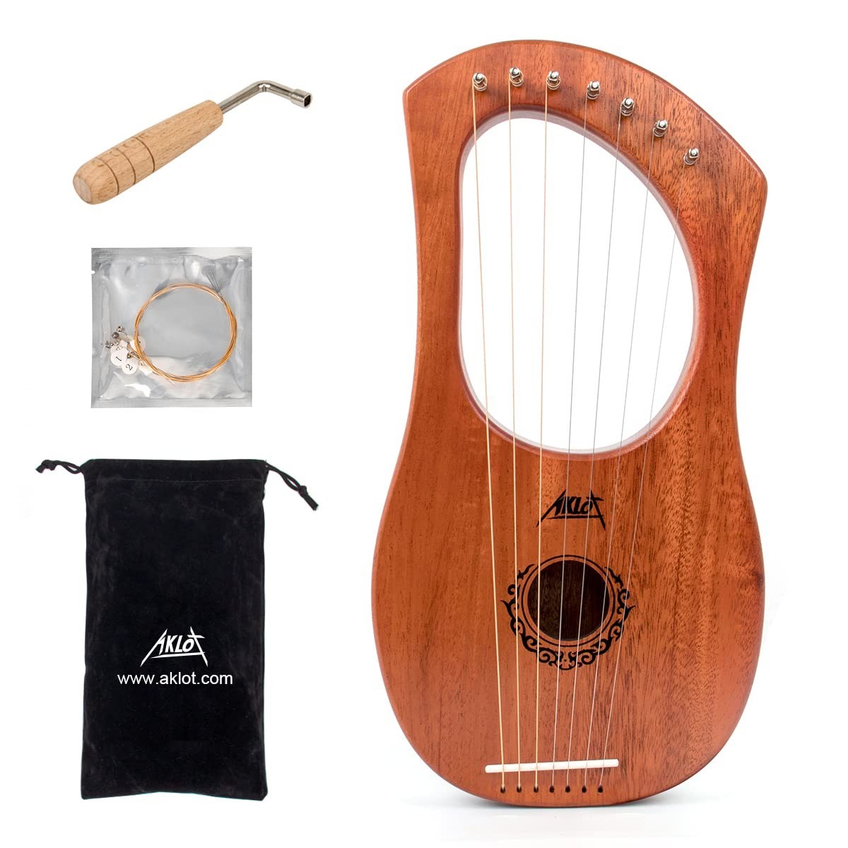 Warm-Tone 7-String Lyre Harp Mahogany Bone Saddle Tuning Wrench Gig Bag