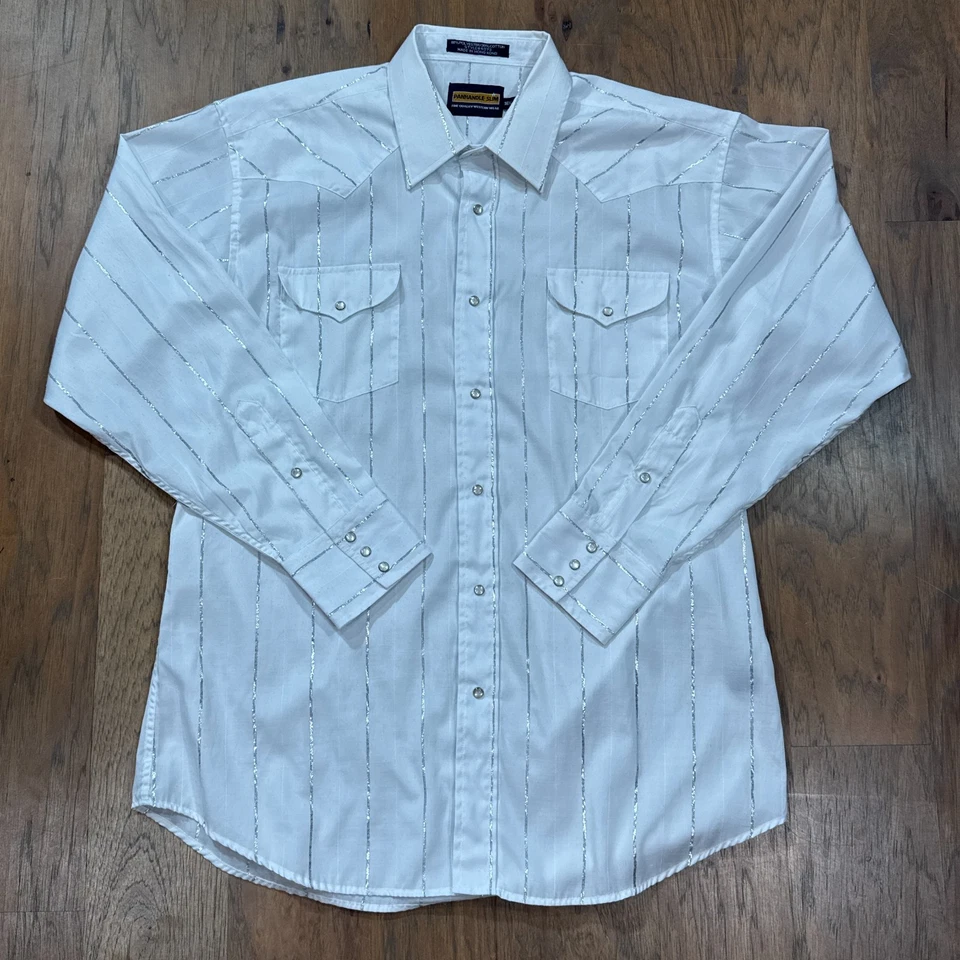 Винтажная тонкая рубашка Panhandle мужская L белые полоски легкий жемчуг застежка вестерн - Изображение 2 из 4