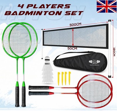 Profi 4 Spieler Badminton Set Schläger Federball Outdoor Stange Garten Spiel