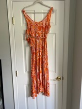 LOFT Orange Paisley Tie Waist Dress Women's Size M Short Sleeve Midi