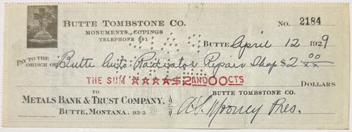 🪦 Antique 1920s Butte Tombstone Company Check | Butte Montana Mining Era