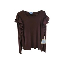 CeCe Brown Solid Ruffle Long Sleeve Pullover ...