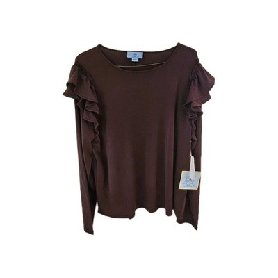 CeCe Brown Solid Ruffle Long Sleeve Pullover Round Neck Women's Blouse L
