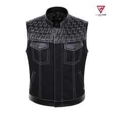 New Men's Hunt Denim Vest Paisley Club Biker Style Motorcycle Real Leather Vest