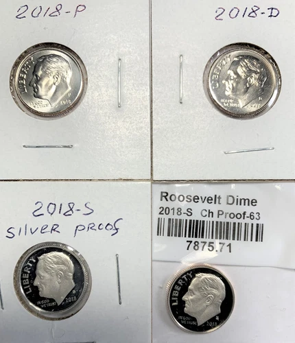 2018 Roosevelt Dime. Lot 4 Coins. Mint P & D Unc. Mint S proof & S silver proof.