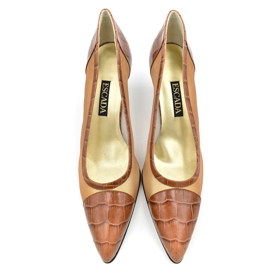 Zapatos de tacón alto Escada color tostado/malla marrón/cuero en relieve talla 9,5 M Foto 3 de 4