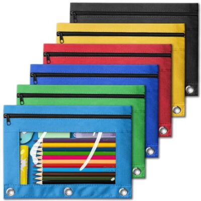  Pencil Pouch for 3 Ring Binder, Bulk 6 Pack 3-Holes Zipper Pencil Pouches in 