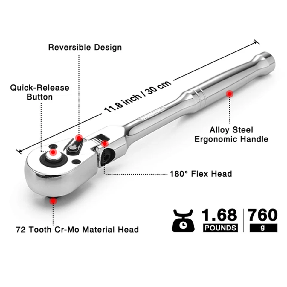 WORKPRO 1/2" Drive Flex Head Ratchet 72-Tooth Ratchet Flex Head 5 Degree Swing - Image 2 of 4