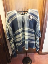 Upcycled Repurposed Blanket Scarf into Cape Wrap Blues Handmade Flower Snap Clos