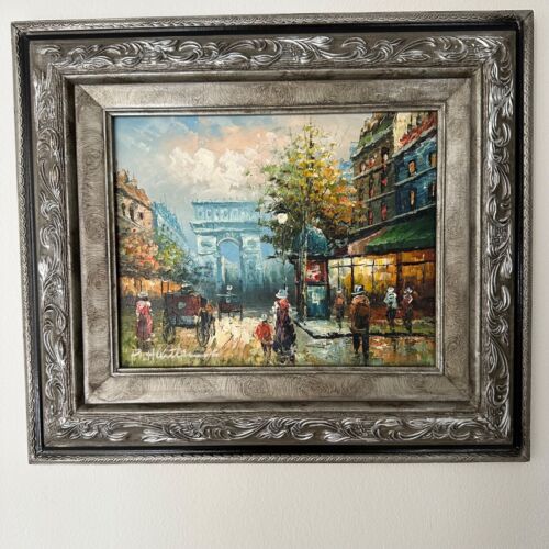 P. Hunter Original Oil on Canvas Paris Street Scene in Silver Frame 13" x 15"