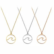 Stainless Steel Round Ocean Wave Circle Pendant Chain Necklace For Women Girls