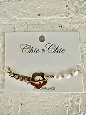 “New”~ Gold Tone & Faux White Pearl Bracelet~ Flower Closure ~ 7-1/4”L