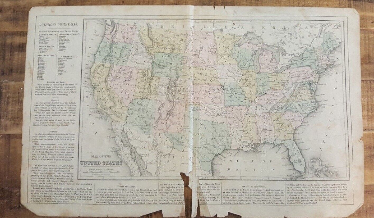 Antique Hand Colored MAP - UNITED STATES / Common School Geography 1873