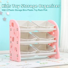 NEW Kids Toy Storage Organizer With 6 Plastic Storage Bins Plastic Toy Rack Pink